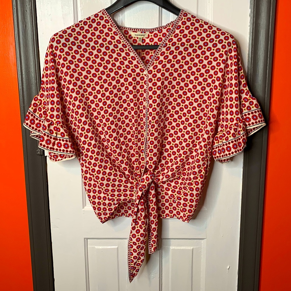 Max Studio Floral Front Tie Button Down Cardigan Blouse - Picture 1 of 12